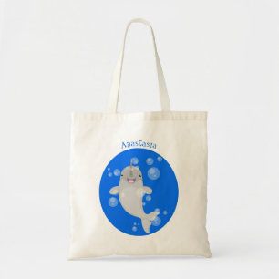 Cute happy narwhal bubbles cartoon illustration tote bag