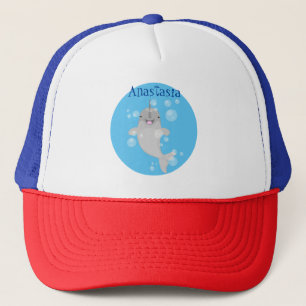 Cute happy narwhal bubbles cartoon illustration trucker hat