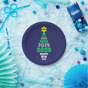 Cute Happy New Year Green and White Tree Novelty` Paper Plate