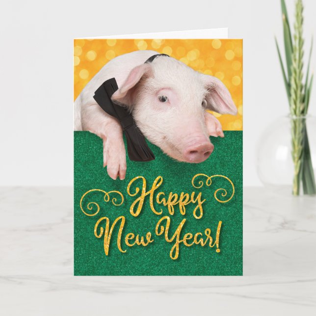 Cute Happy New Year Pig With Bow Tie and Glitter Card (Front)