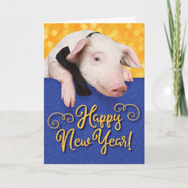 Cute Happy New Year Pig With Bow Tie Card (Front)