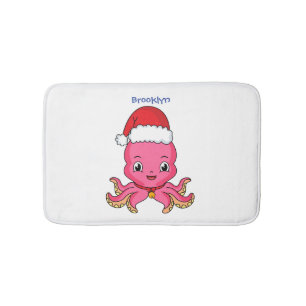 Cute happy octopus wearing Christmas hat cartoon Bath Mat