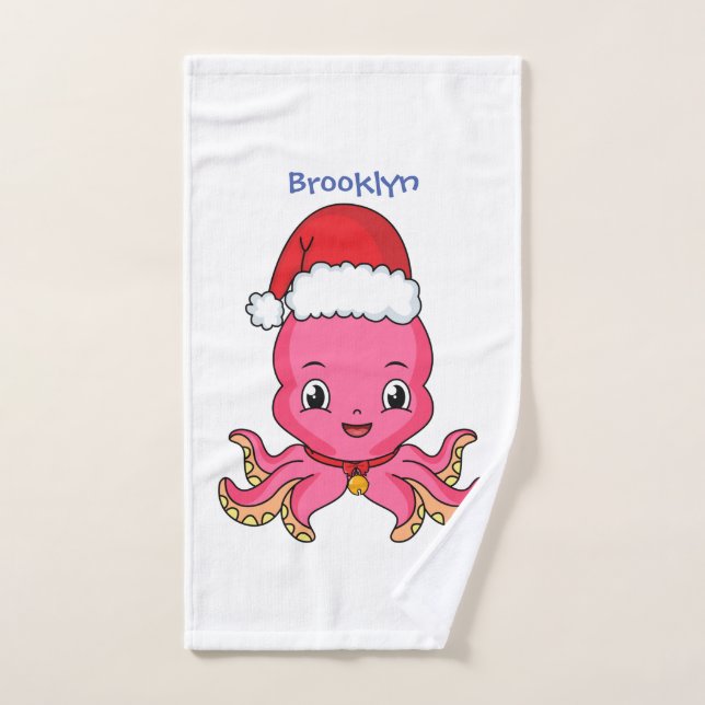 Cute happy octopus wearing Christmas hat cartoon Bath Towel Set (Hand Towel)