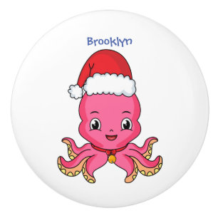 Cute happy octopus wearing Christmas hat cartoon Ceramic Knob