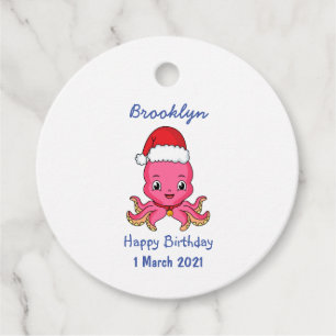 Cute happy octopus wearing Christmas hat cartoon Favour Tags