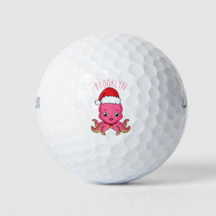 Cute happy octopus wearing Christmas hat cartoon Golf Balls