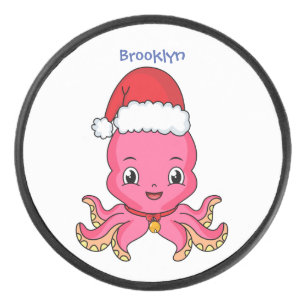 Cute happy octopus wearing Christmas hat cartoon Hockey Puck