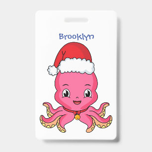 Cute happy octopus wearing Christmas hat cartoon ID Badge
