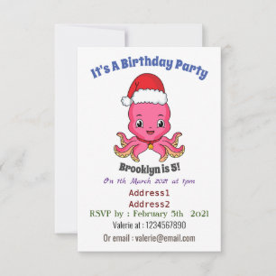 Cute happy octopus wearing Christmas hat cartoon Invitation