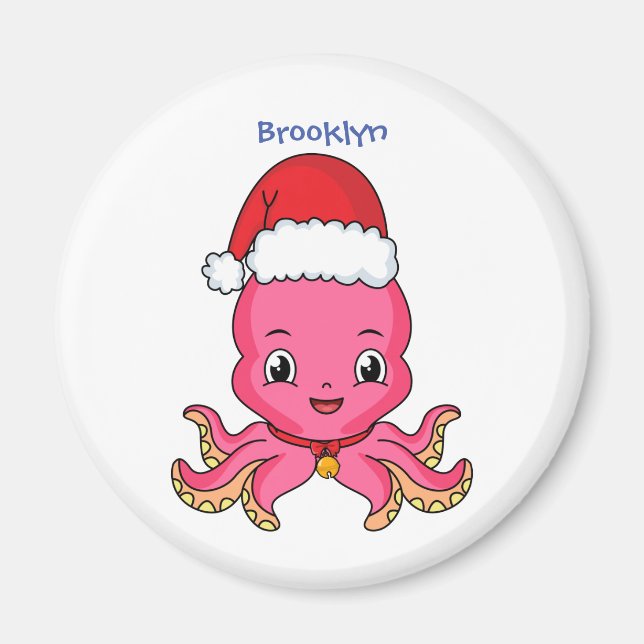 Cute happy octopus wearing Christmas hat cartoon Magnet (Front)