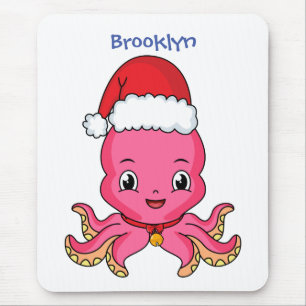 Cute happy octopus wearing Christmas hat cartoon Mouse Pad