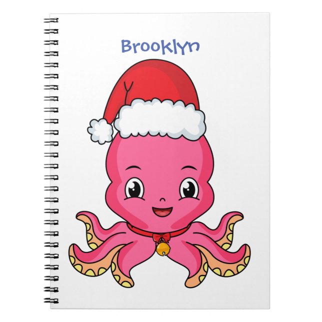 Cute happy octopus wearing Christmas hat cartoon Notebook (Front)