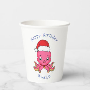 Cute happy octopus wearing Christmas hat cartoon Paper Cups