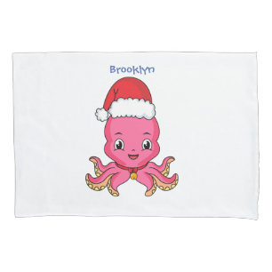 Cute happy octopus wearing Christmas hat cartoon Pillowcase