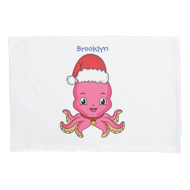 Cute happy octopus wearing Christmas hat cartoon Pillowcase (Front)