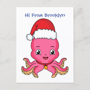Cute happy octopus wearing Christmas hat cartoon Postcard
