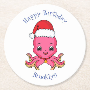 Cute happy octopus wearing Christmas hat cartoon Round Paper Coaster