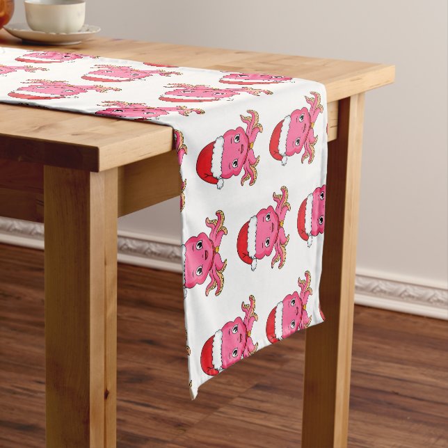 Cute happy octopus wearing Christmas hat cartoon Short Table Runner (In Situ)