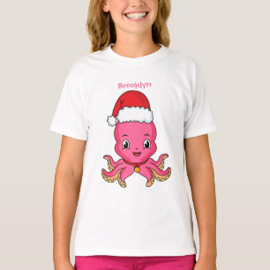Cute happy octopus wearing Christmas hat cartoon T-Shirt