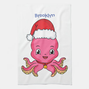 Cute happy octopus wearing Christmas hat cartoon Tea Towel