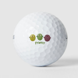 Cute happy olives singing cartoon golf balls