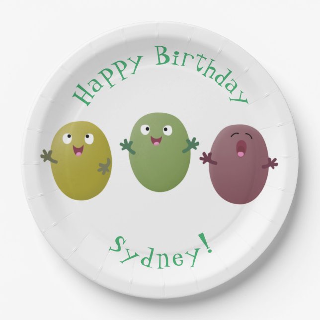 Cute happy olives singing cartoon paper plate (Front)