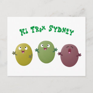 Cute happy olives singing cartoon postcard