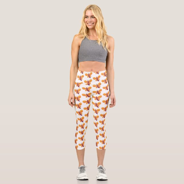 Cute happy orange butterfly cartoon illustration capri leggings (Front)