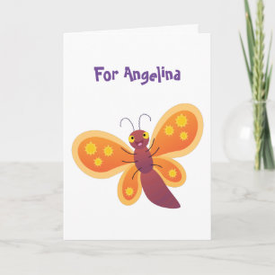 Cute happy orange butterfly cartoon illustration card