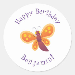 Cute happy orange butterfly cartoon illustration classic round sticker