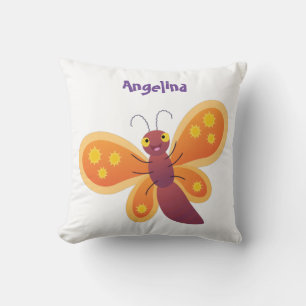 Cute happy orange butterfly cartoon illustration cushion
