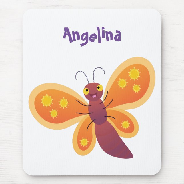 Cute happy orange butterfly cartoon illustration mouse pad (Front)