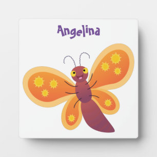 Cute happy orange butterfly cartoon illustration plaque