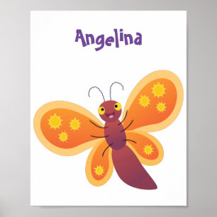 Cute happy orange butterfly cartoon illustration poster