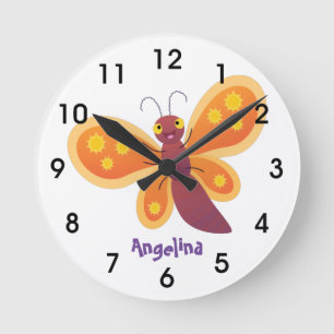 Cute happy orange butterfly cartoon illustration round clock