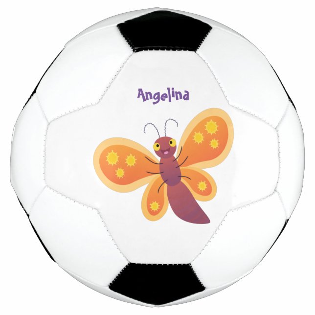 Cute happy orange butterfly cartoon illustration soccer ball (Front)