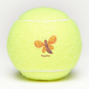 Cute happy orange butterfly cartoon illustration tennis balls