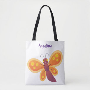 Cute happy orange butterfly cartoon illustration tote bag