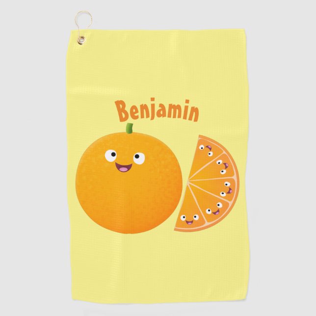 Cute happy orange citrus fruit cartoon golf towel (Front)