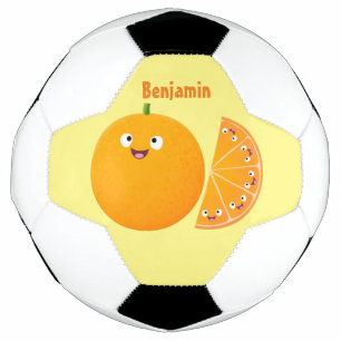 Cute happy orange citrus fruit cartoon soccer ball