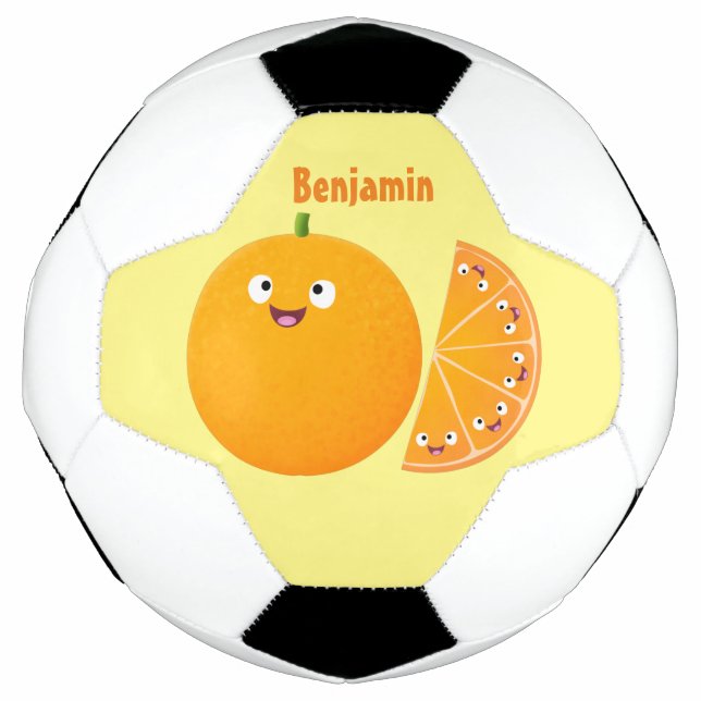 Cute happy orange citrus fruit cartoon soccer ball (Front)