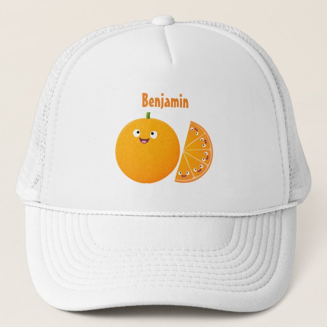 Cute happy orange citrus fruit cartoon trucker hat (Front)