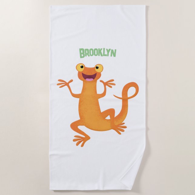 Cute happy orange dancing newt beach towel (Front)