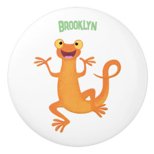 Cute happy orange dancing newt ceramic knob