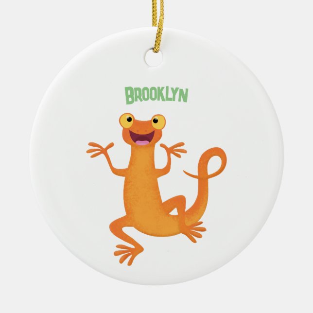 Cute happy orange dancing newt ceramic tree decoration (Front)