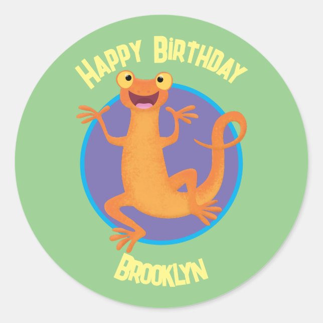 Cute happy orange dancing newt  classic round sticker (Front)