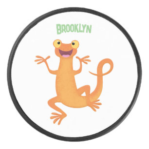 Cute happy orange dancing newt hockey puck