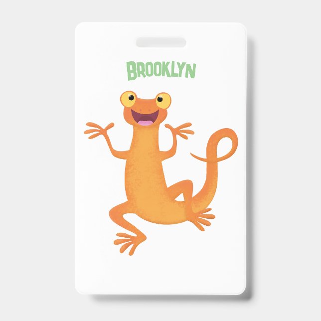 Cute happy orange dancing newt ID badge (Front)
