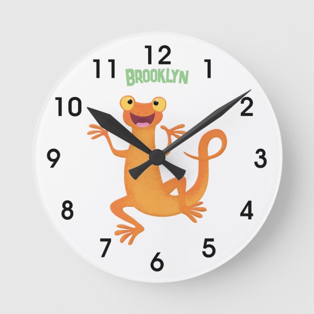 Cute happy orange dancing newt  round clock (Front)