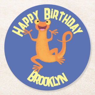 Cute happy orange dancing newt round paper coaster
